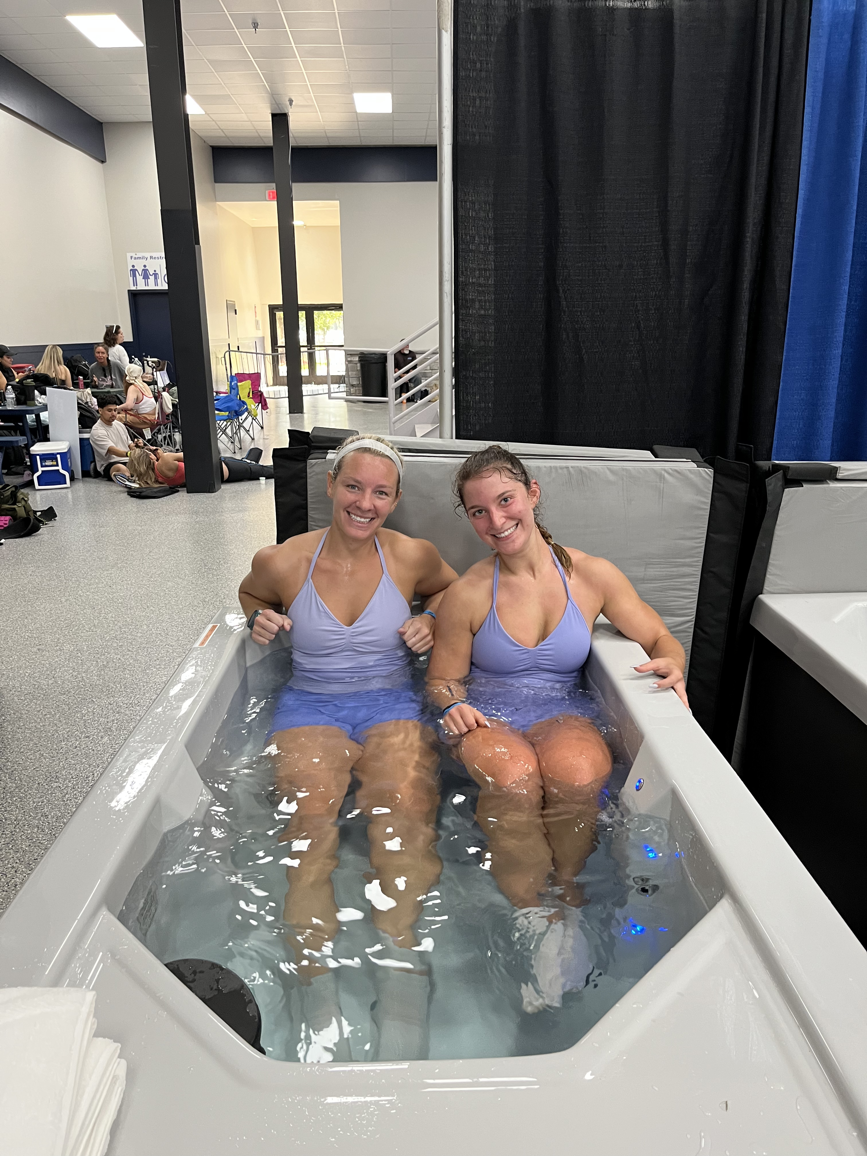 Two friends in cold plunge